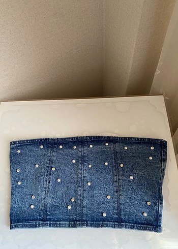 38 Beden Boncuk İşlemeli Mavi Denim Kadın kot crop