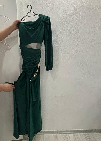 Zincir Detaylı Straplez Uzun Kadın Elbise - Görsel 7