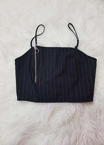 Primark askılı siyah beyaz çizgili crop