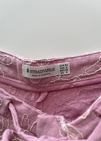 Pembe Nakışlı Dantel Detaylı Keten Kadın Pantolon - Görsel 3