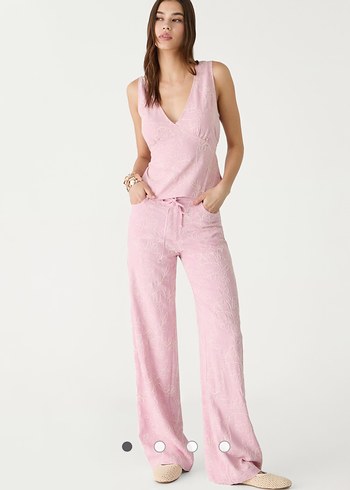 Pembe Nakışlı Dantel Detaylı Keten Kadın Pantolon - Görsel 4