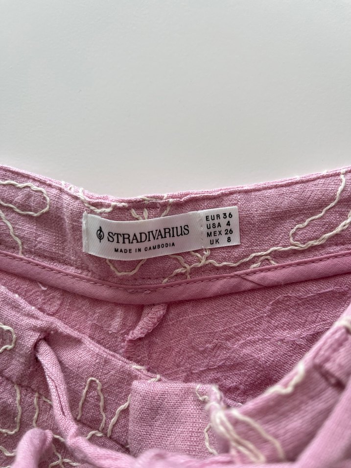 Pembe Nakışlı Dantel Detaylı Keten Kadın Pantolon - Görsel 3