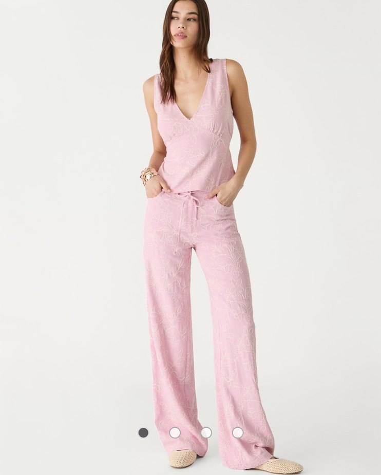 Pembe Nakışlı Dantel Detaylı Keten Kadın Pantolon - Görsel 4