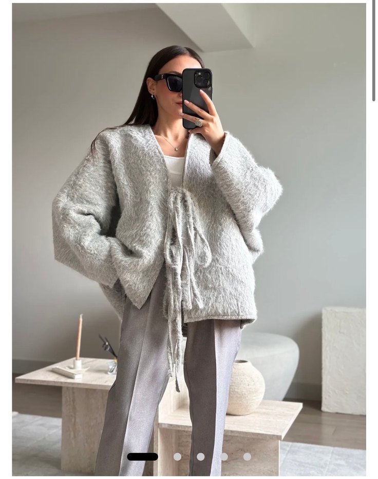 Gri Örgü Midi kaban - Görsel 4