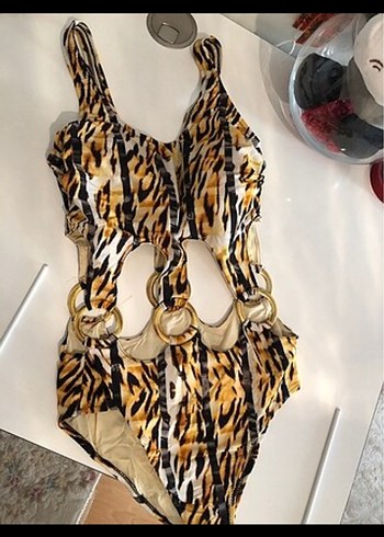 Kahverengi Yılan Desenli Tokalı Kadın Mayo - Görsel 2