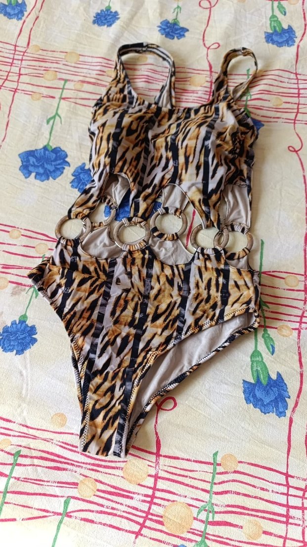 Kahverengi Yılan Desenli Tokalı Kadın Mayo - Görsel 4