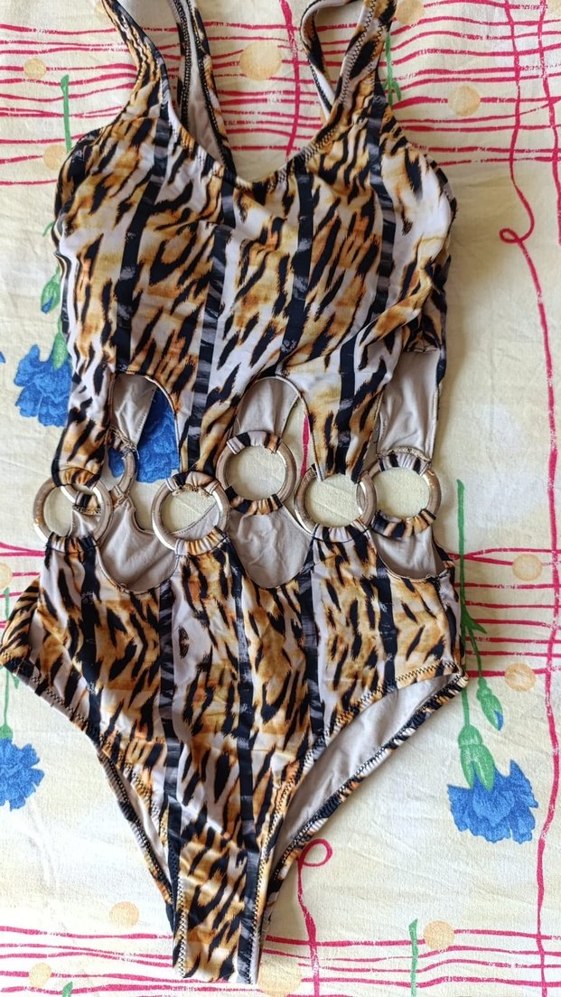 Kahverengi Yılan Desenli Tokalı Kadın Mayo - Görsel 3