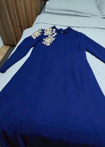 Uzun Kollu Mavi Abiye Elbise - Görsel 2