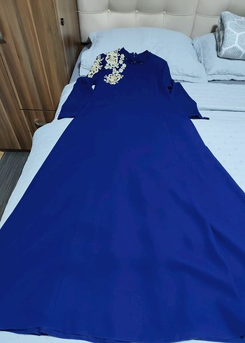 Uzun Kollu Mavi Abiye Elbise - Görsel 3