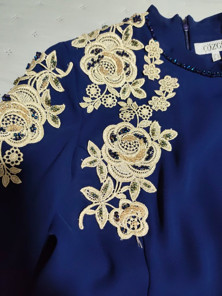 Uzun Kollu Mavi Abiye Elbise - Görsel 5