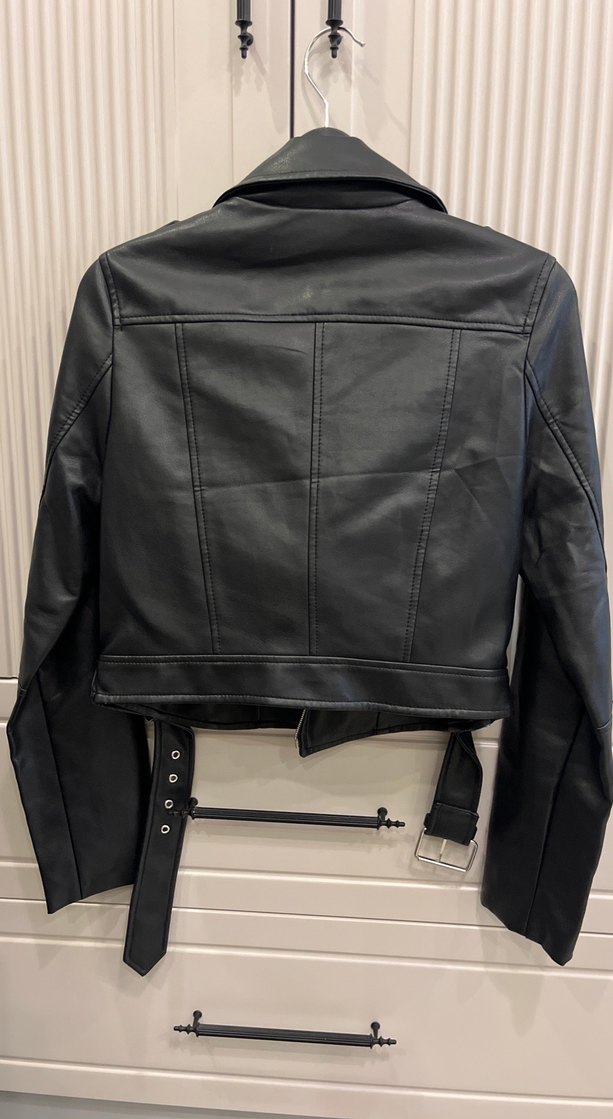 Kadın Siyah Deri Biker Ceket - Görsel 3