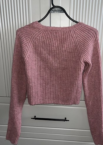 Pembe V Yaka Fitilli Kadın Triko Kazak - Görsel 2