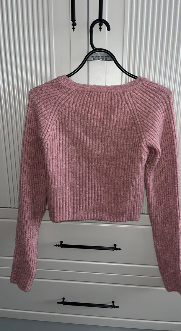 Pembe V Yaka Fitilli Kadın Triko Kazak - Görsel 2