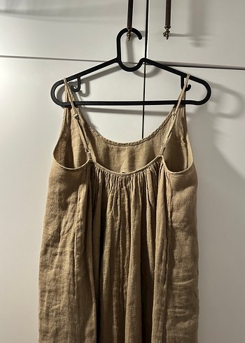 s Beden camel Renk Bej Uzun Keten Elbise, Strappy, Bohem