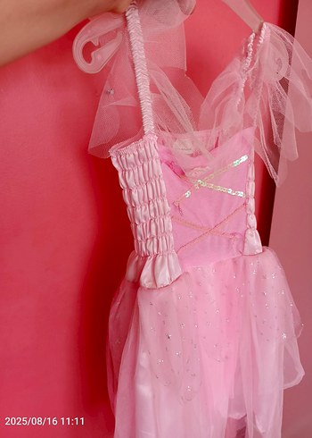 Panço Pembe Straplez Kız Elbisesi Fırfırlı