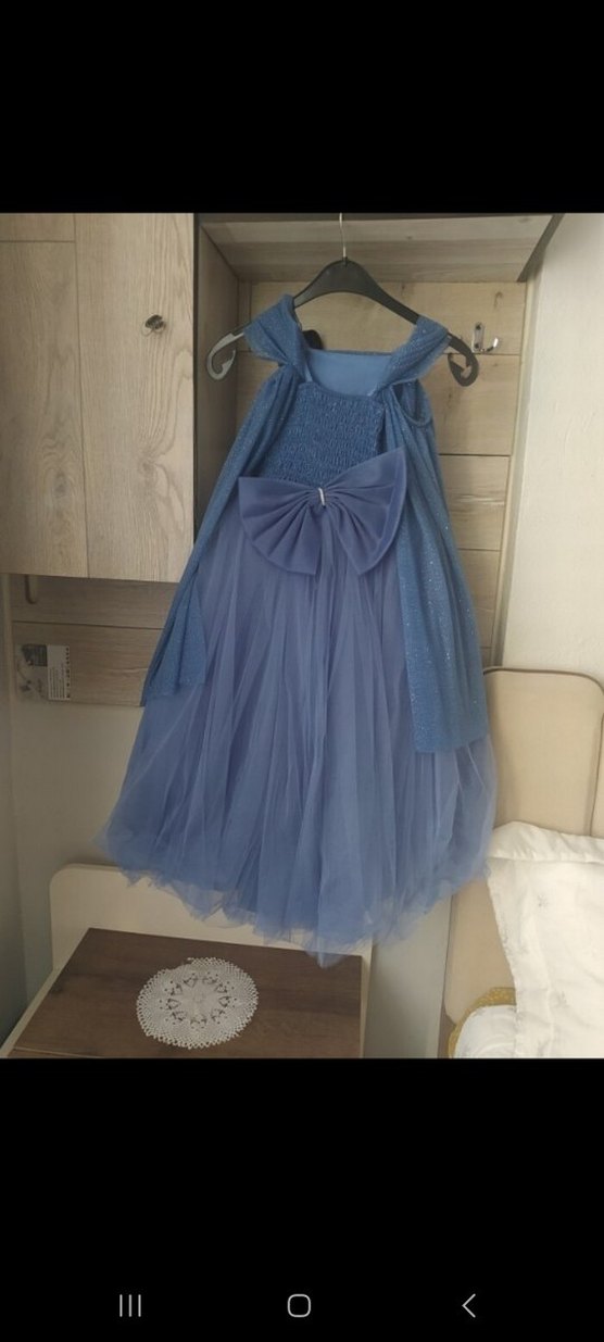 Mavi Straplez Çocuk Elbise Fırfırlı Denim - Görsel 3