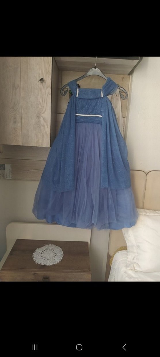 Mavi Straplez Çocuk Elbise Fırfırlı Denim - Görsel 2