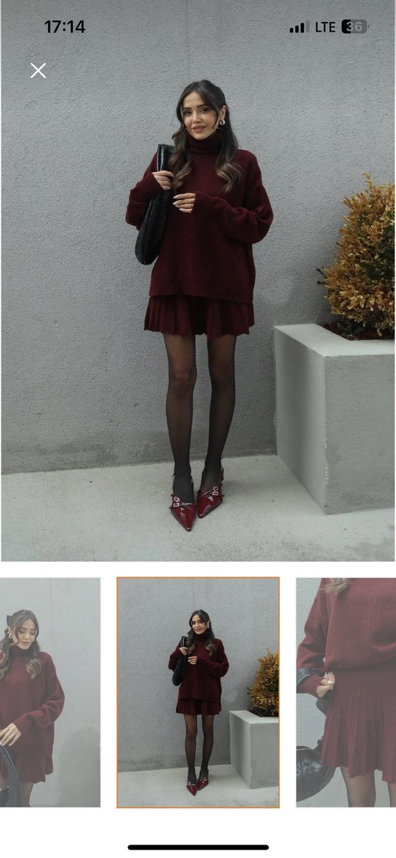 Bordo  triko etekli kazaklı takım - Görsel 2