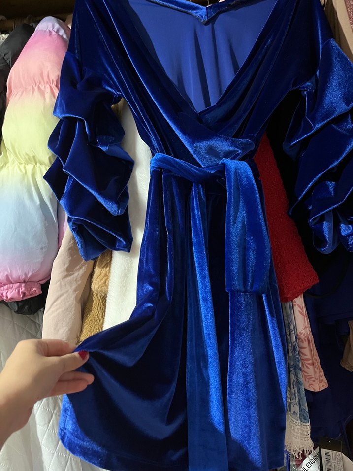 Koyu Mavi, Drapeli, Uzun Kollu Kadın Elbise abiye gece elbisesi - Görsel 2