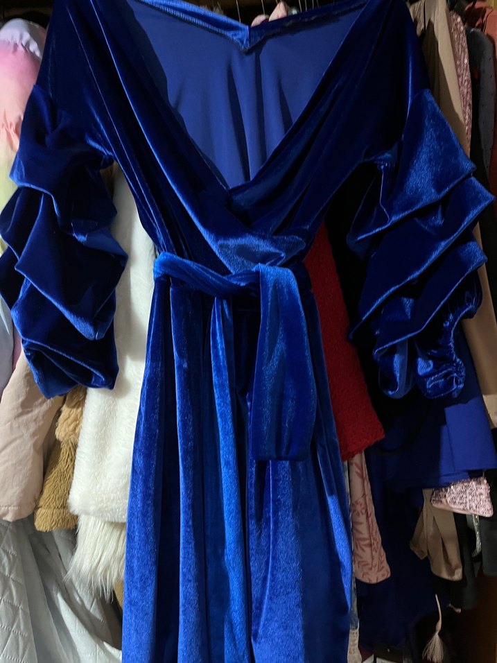 Koyu Mavi, Drapeli, Uzun Kollu Kadın Elbise abiye gece elbisesi - Görsel 3