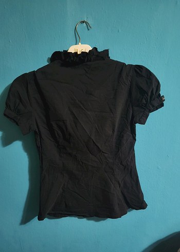 Kadın Siyah Fırfırlı Kısa Kollu Gömlek - Görsel 4