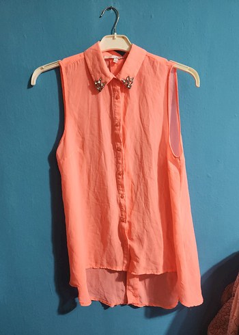 Düğmeli Pembe Nakışlı Kolsuz Gömlek - Görsel 4