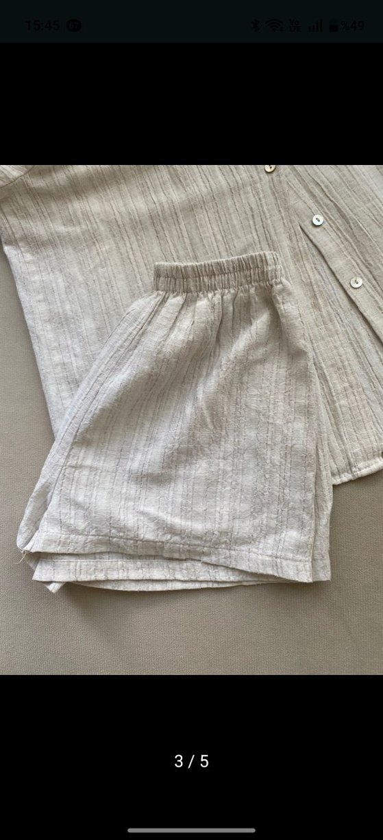 Düğmeli Kısa Kollu Keten Kadın Gömlek şort takım - Görsel 2