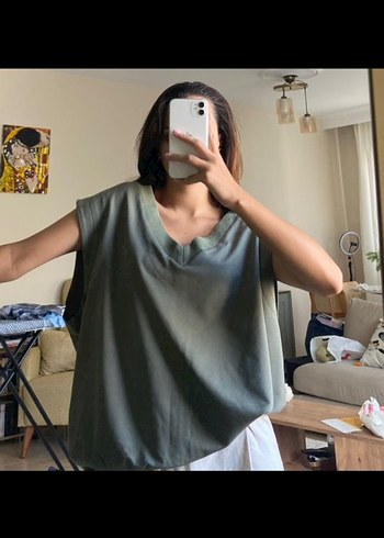 haki V Yakalı Salaş Kadın Bluz - Görsel 2