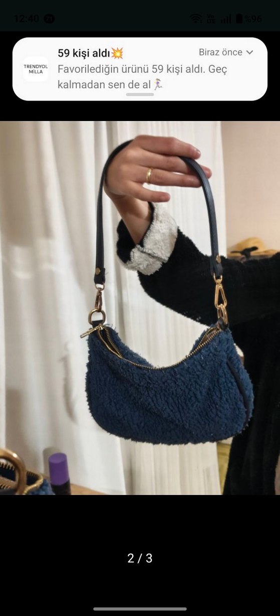 Koyu Mavi Peluş Kadın Omuz Çantası - Görsel 2