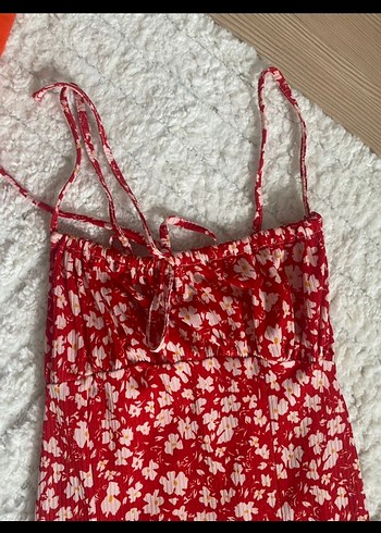 Kırmızı Askısız Midi Bohem Elbise - Görsel 3