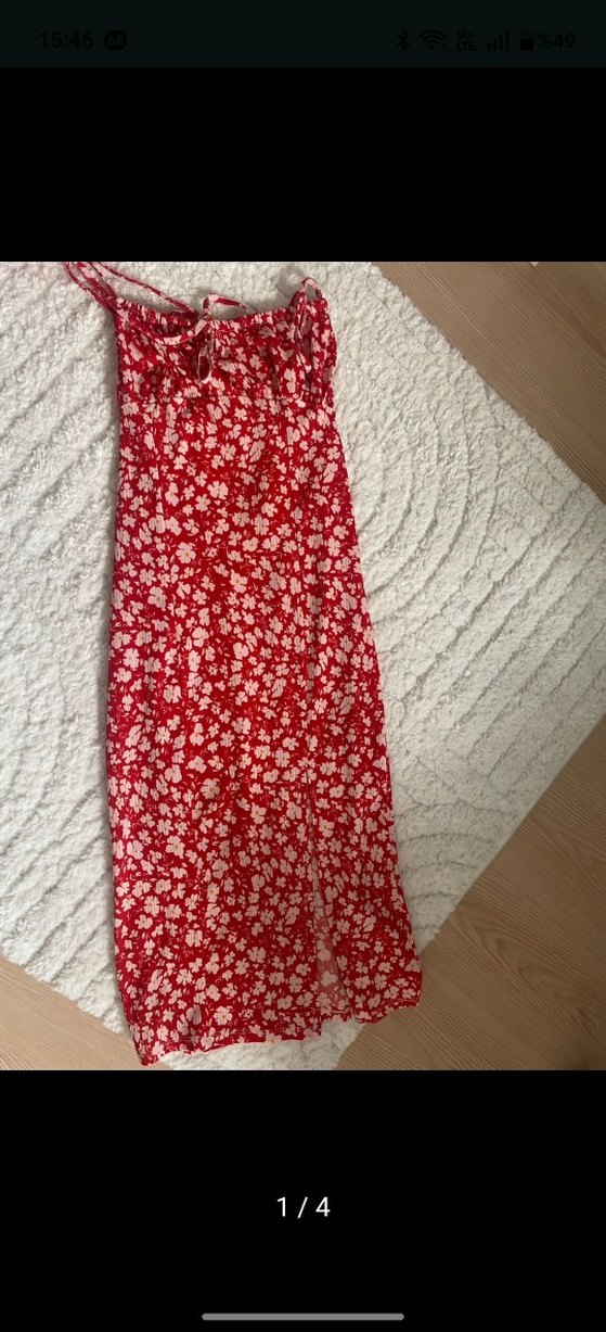 Kırmızı Askısız Midi Bohem Elbise - Görsel 4