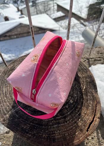 Fermuarlı Pembe Ayıcık Desenli Kadın Makyaj Çantası - Görsel 2