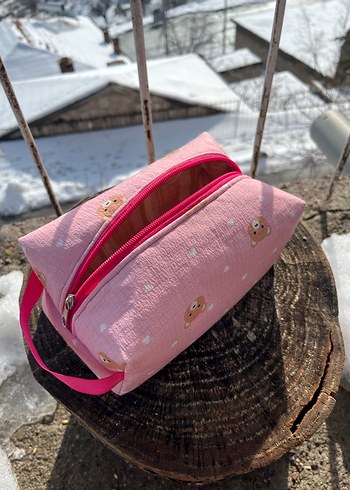 Fermuarlı Pembe Ayıcık Desenli Kadın Makyaj Çantası - Görsel 3