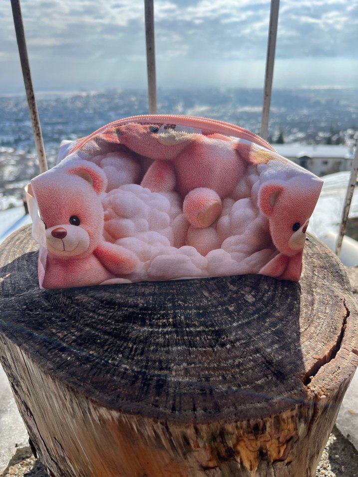 Pofuduk Pembe ayıcık Desenli Kadın Makyaj Çantası - Görsel 2