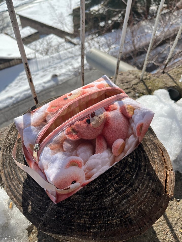 Pofuduk Pembe ayıcık Desenli Kadın Makyaj Çantası - Görsel 3