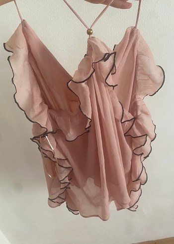 Zara Pudra Renk Fırfırlı Straplez Keten Bluz