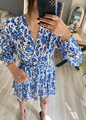 Ecrou Kadın Sakura Desenli V Yaka Viskon Şortlu Elbise-S - Görsel 6