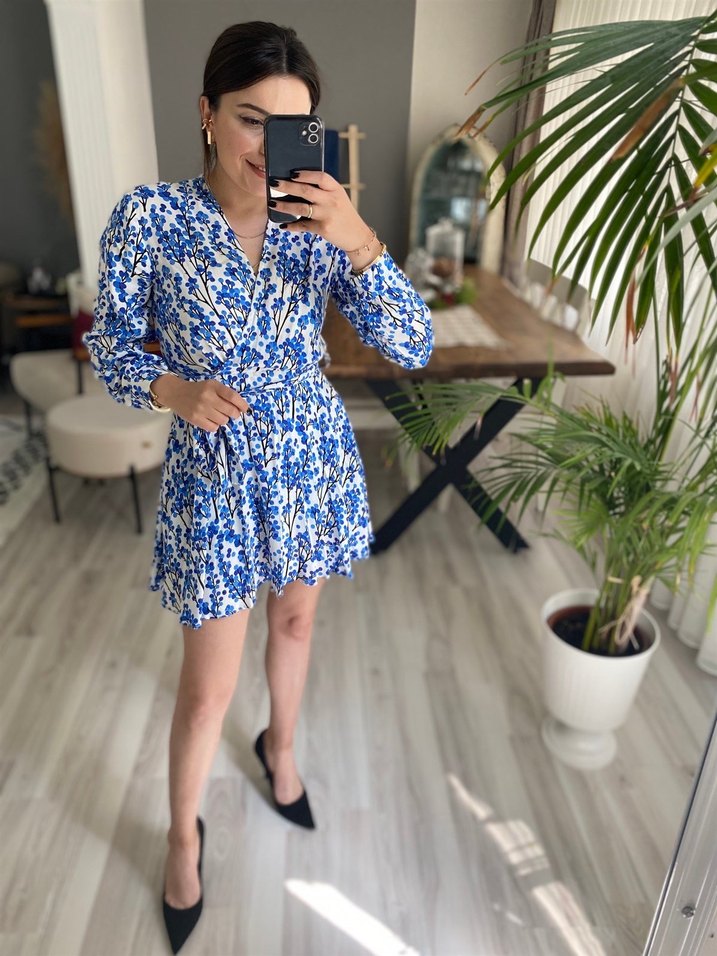 Ecrou Kadın Sakura Desenli V Yaka Viskon Şortlu Elbise-S - Görsel 5