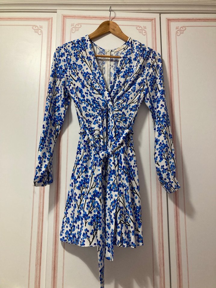 Ecrou Kadın Sakura Desenli V Yaka Viskon Şortlu Elbise-S - Görsel 2