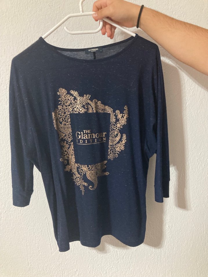 LCW Gold Baskılı Simli Truvakar Kol Lacivert Bluz-L - Görsel 3