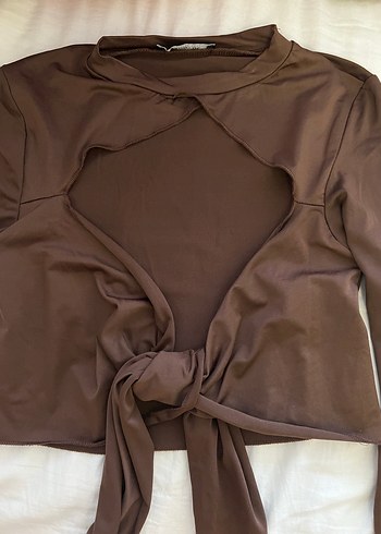 Kahverengi önden bağlamalı Uzun Kollu Bluz - Görsel 2