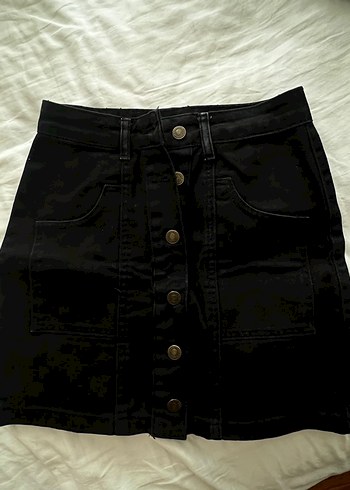 Düğmeli Siyah Denim Etek