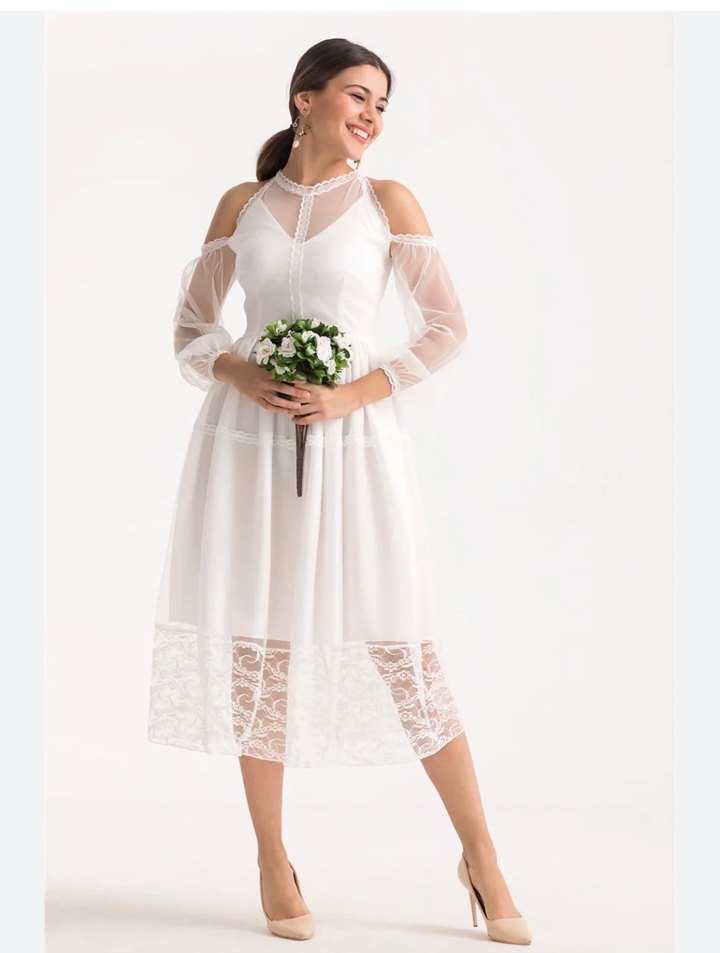 Beyaz Bohem Uzun Keten Elbise - Görsel 5