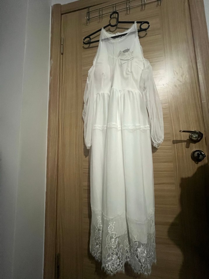 Beyaz Bohem Uzun Keten Elbise - Görsel 2