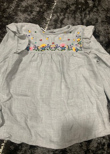 Nakışlı Gri Keten Uzun Kollu Bluz - Görsel 2