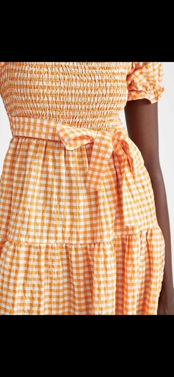 Kadın Turuncu Kareli Uzun Pamuklu Elbise - Görsel 2