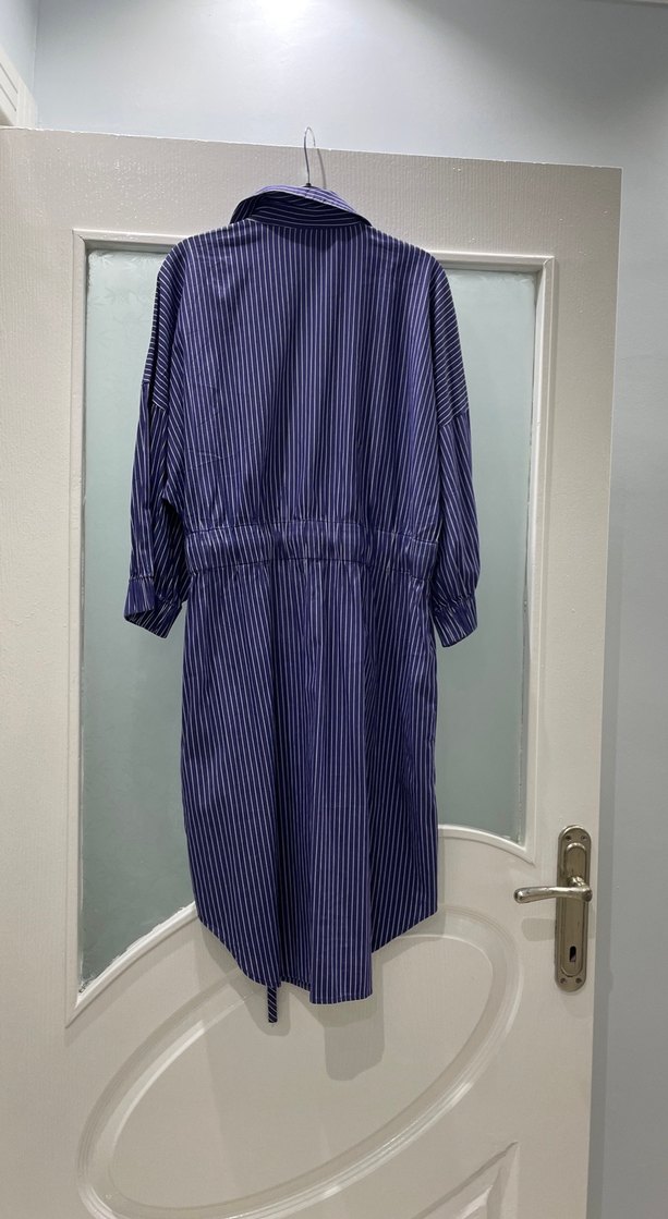 Kemerli, Uzun Kollu çizgili gömlek elbise - Görsel 3