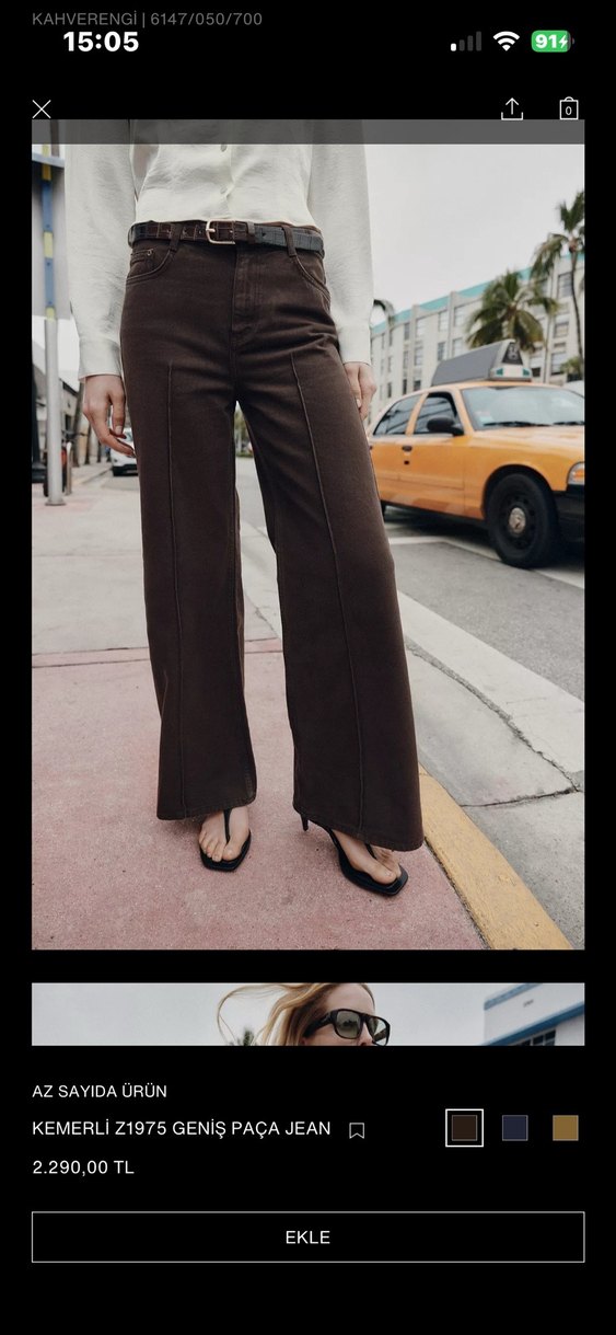 Zara Kemerli Kahverengi Geniş Paça Pantolon - Görsel 2