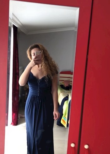 Lacivert V Yakalı Uzun Kadın Abiye Elbise - Görsel 3