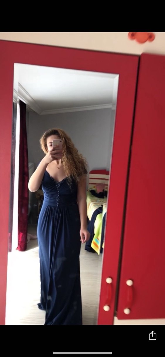 Lacivert V Yakalı Uzun Kadın Abiye Elbise - Görsel 3